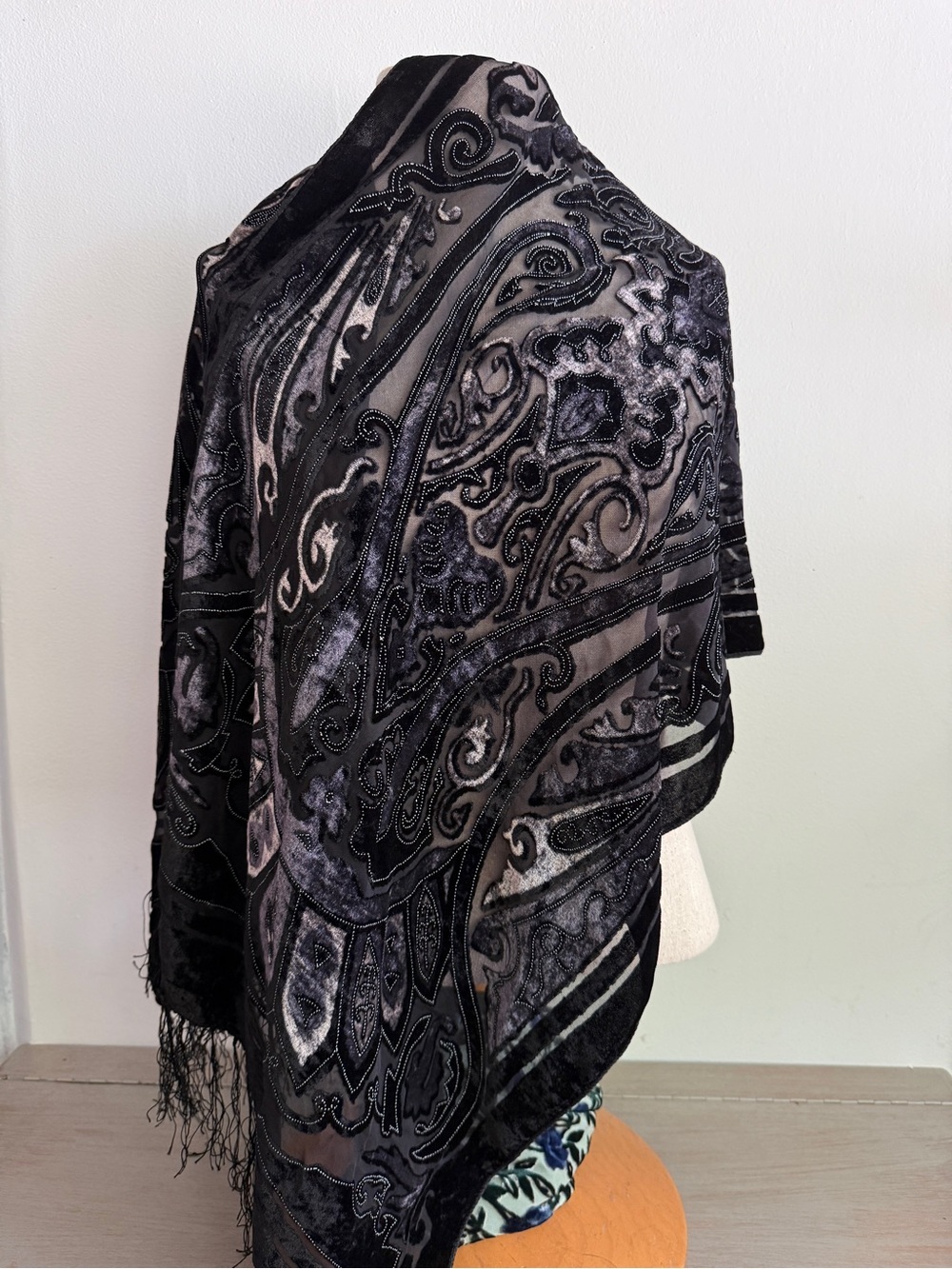 Velvet Burnout Scarf Vintage Black Silver Paisley Devore Fringe Shawl 62"